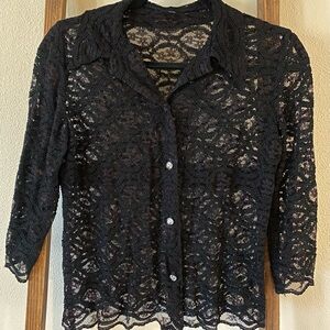 Black Lace Button-Front Women's Top